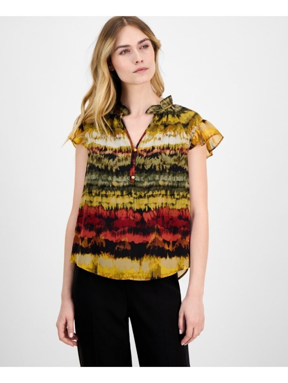Anne Klein Ruffled-Neck Flutter-Sleeve Chiffon Top Yellow Black Size XS $79 SALE